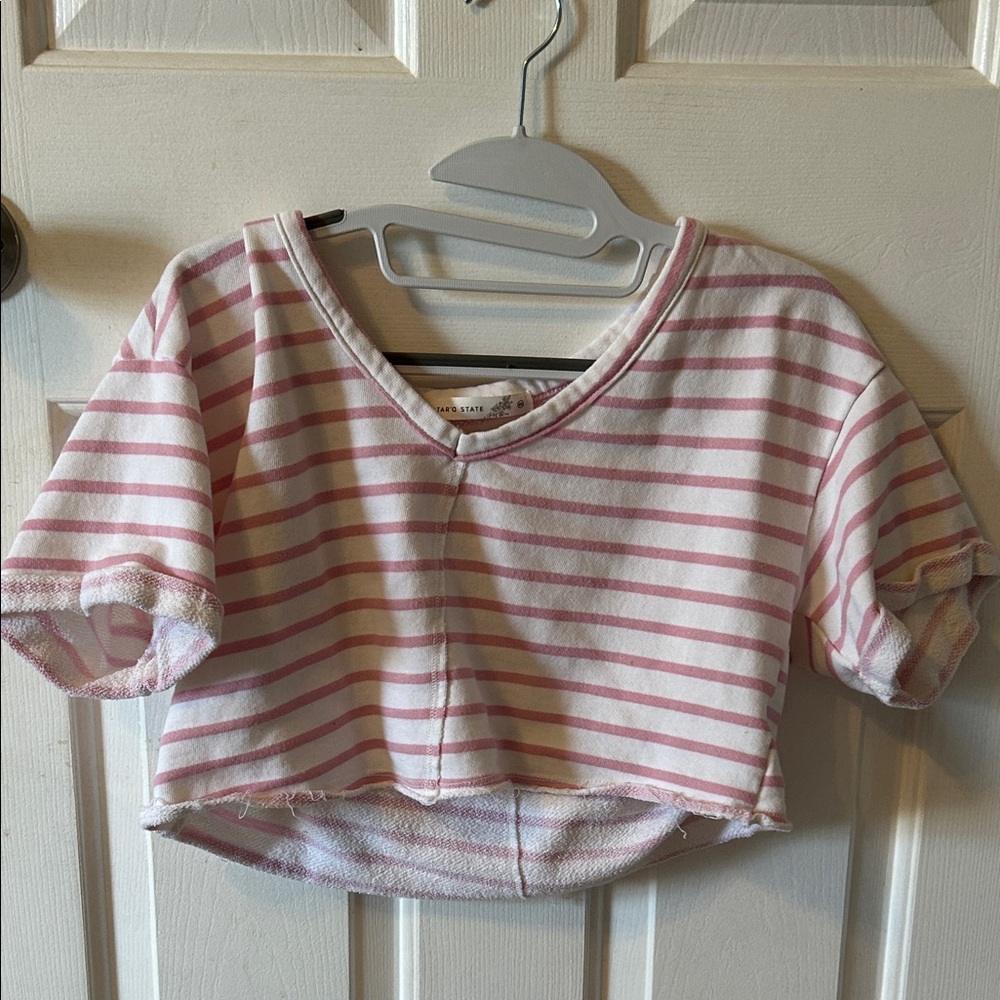 Altar'd State Pink and White Striped Cropped Tee